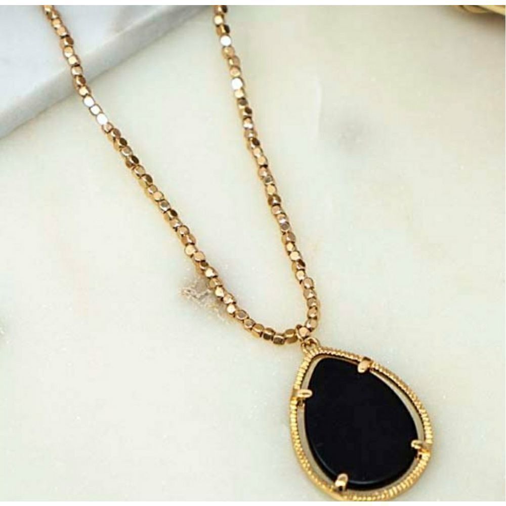 Onyx & Gold Beaded Teardrop Pendant